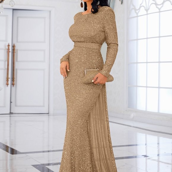 Brand New Open Back Mermaid Hem Sequin Formal Gown Gold - Picture 6 of 7